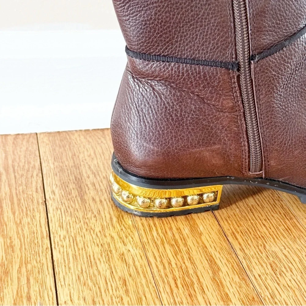 KARL LAGERFELD Seine Metal Pearl Embellished Knee-High Leather Boots Brown 8